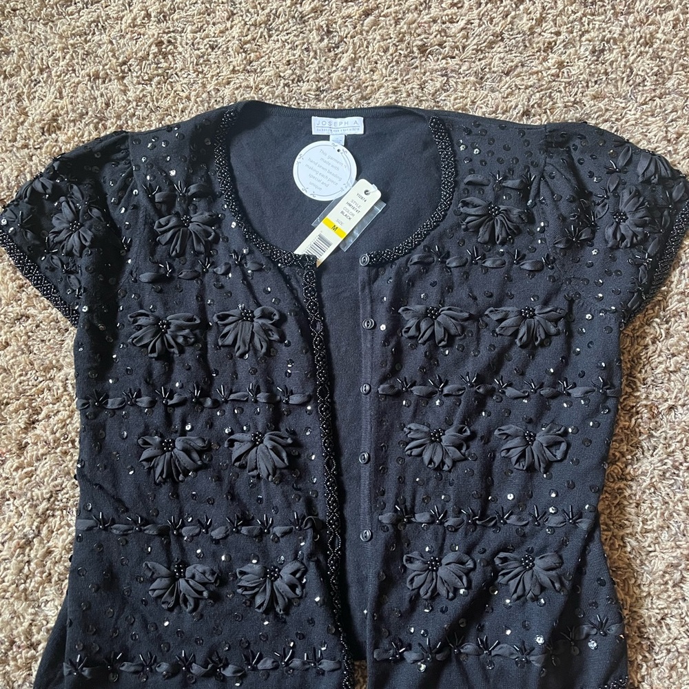 Joseph Black Embroidered Short Sleeve Blouse